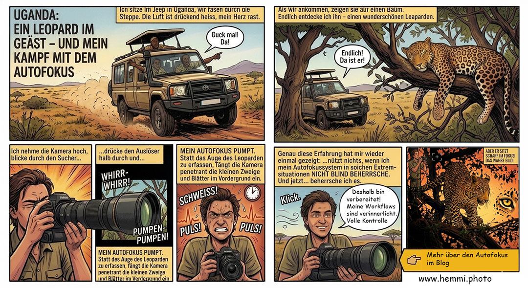 Ein mehrteiliger Comic-Strip im Blog-Stil zum Thema Safari-Fotografie in Uganda. Die Panels zeigen eine rasende Jeep-Fahrt, die Entdeckung eines Leoparden auf einem Baum und den frustrierenden Kampf des Fotografen mit einem pumpenden Kamera-Autofokus, der an Zweigen hängen bleibt, bevor das scharfe Foto gelingt.