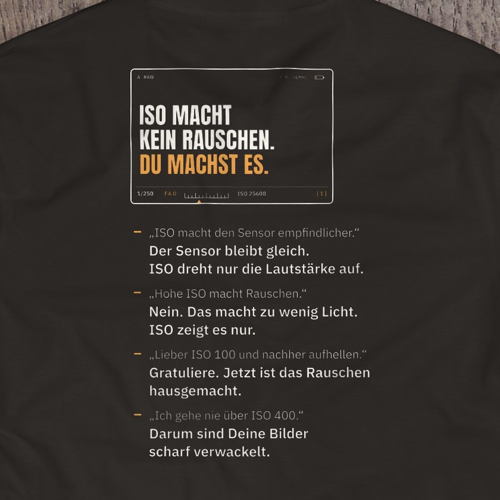Druck-Nahaufnahme: Fotografen-T-Shirt «ISO macht kein Rauschen» von hemmi.photo – Rückendruck
