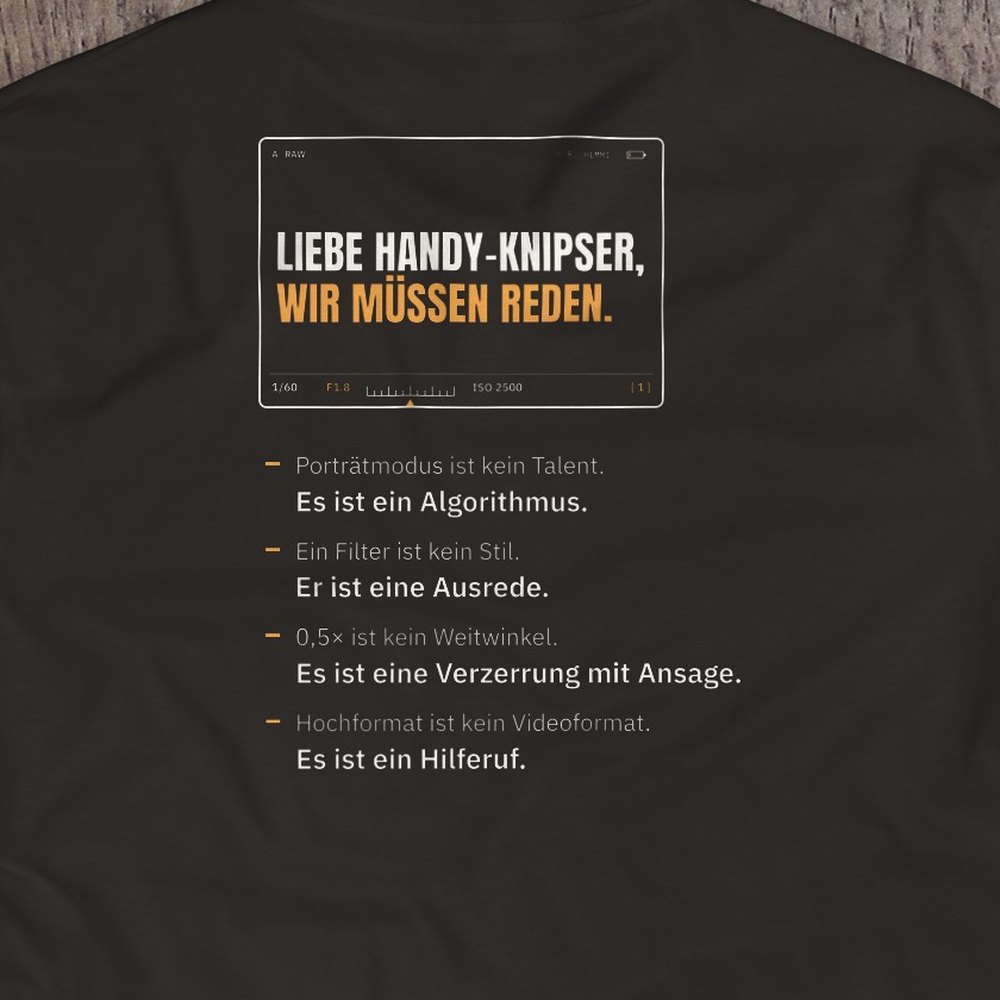 Druck-Nahaufnahme: Fotografen-T-Shirt «Liebe Handy-Knipser» von hemmi.photo – Rückendruck