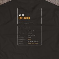 Druck-Nahaufnahme: Fotografen-T-Shirt «Meine EXIF-Daten» von hemmi.photo – Rückendruck