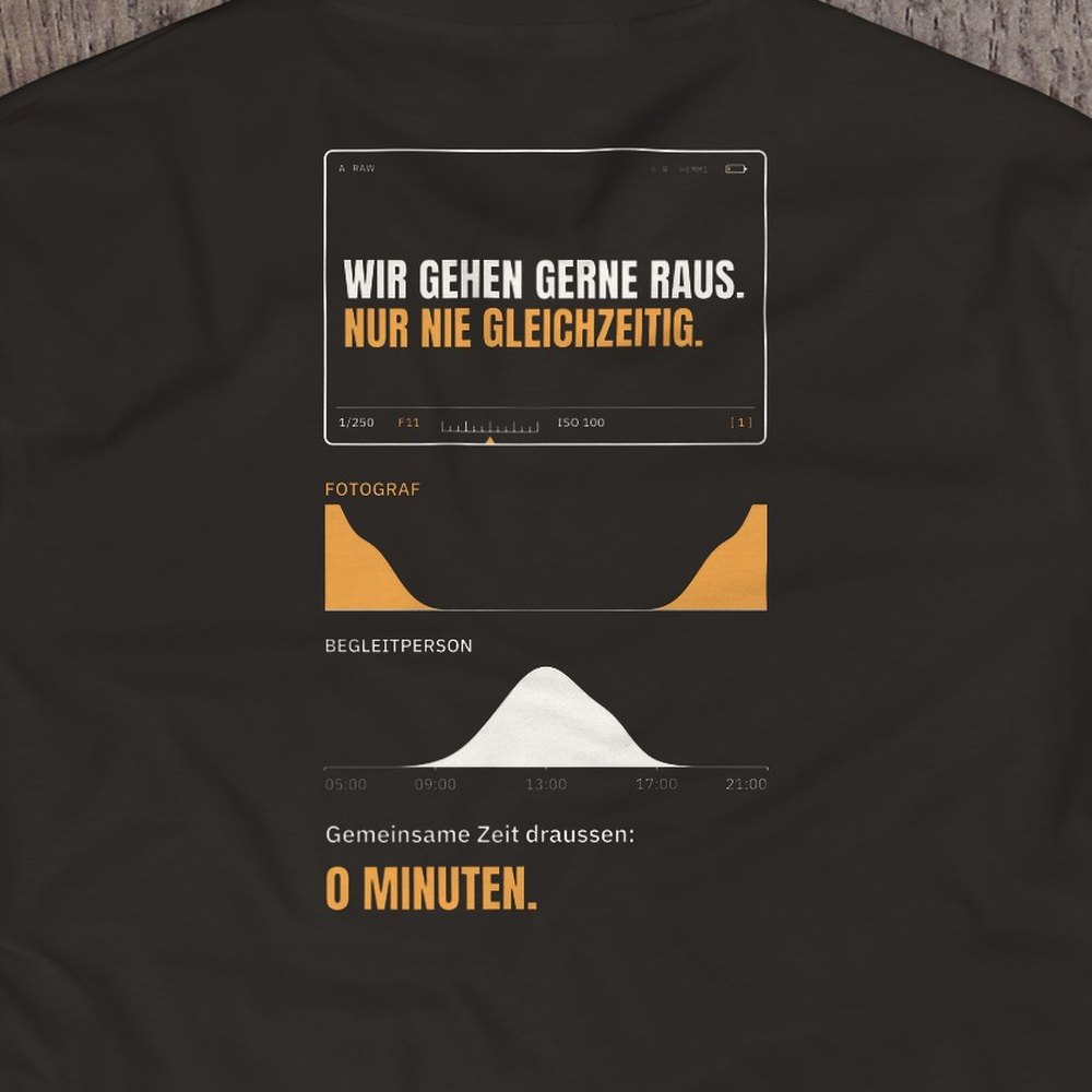 Druck-Nahaufnahme: Fotografen-T-Shirt «Nur nie gleichzeitig» von hemmi.photo – Rückendruck