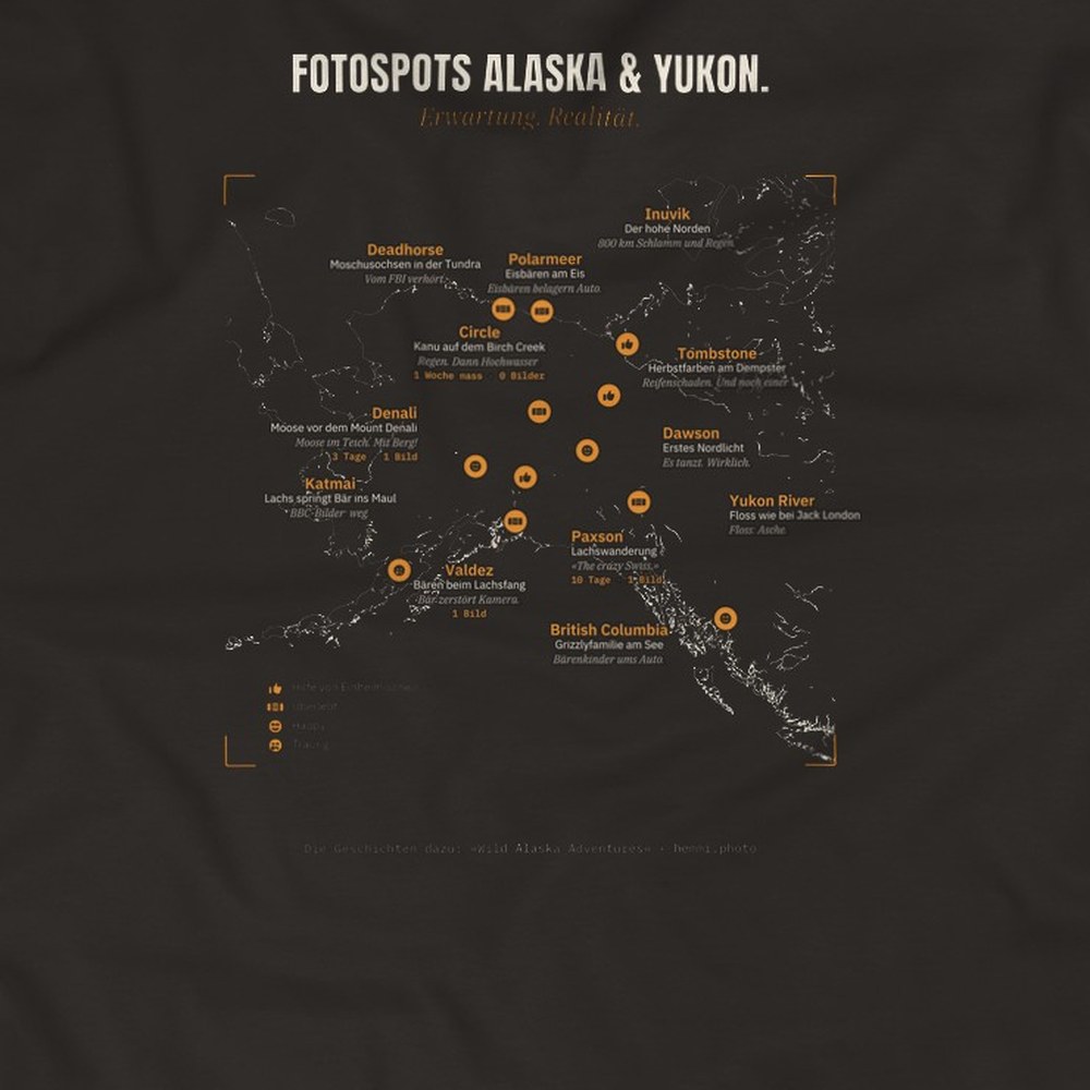 Fotografen-Shirt «Fotospots Alaska & Yukon» · Bordkarten-Edition – Rückendruck im Detail