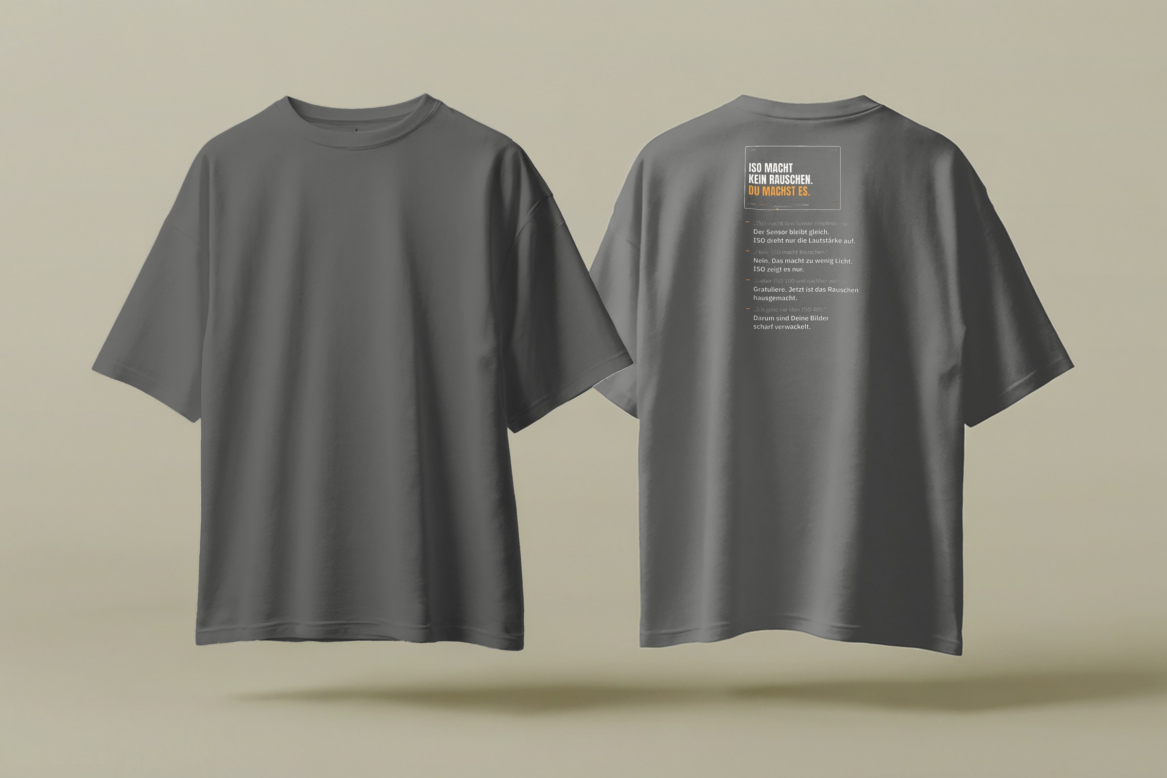Fotografen-T-Shirt «ISO macht kein Rauschen» von hemmi.photo – Vorder- und Rückseite, Grey Melange