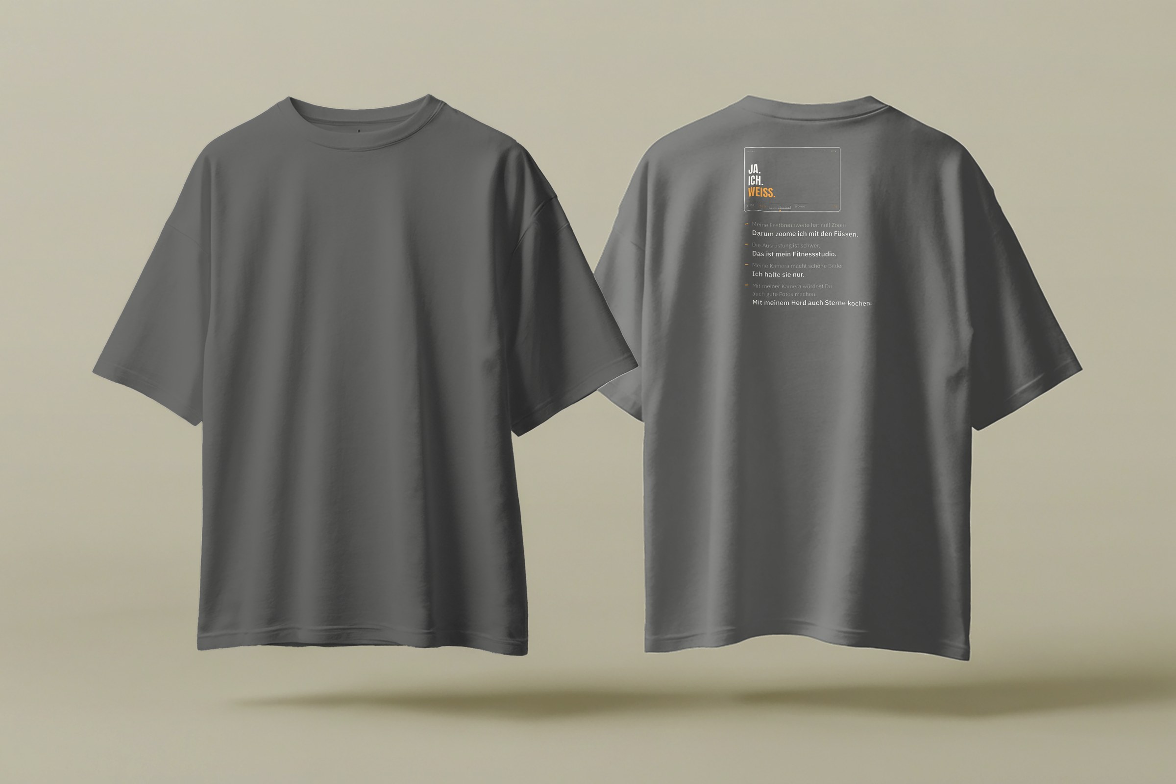 Fotografen-T-Shirt «Ja. Ich. Weiss.» von hemmi.photo – Vorder- und Rückseite, Grey Melange
