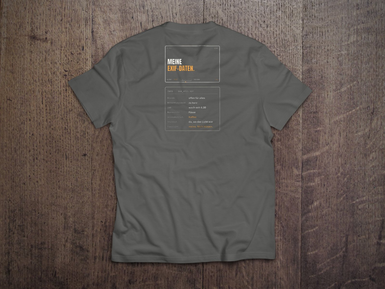 Fotografen-T-Shirt «Meine EXIF-Daten» von hemmi.photo – Rückendruck auf Grey Melange
