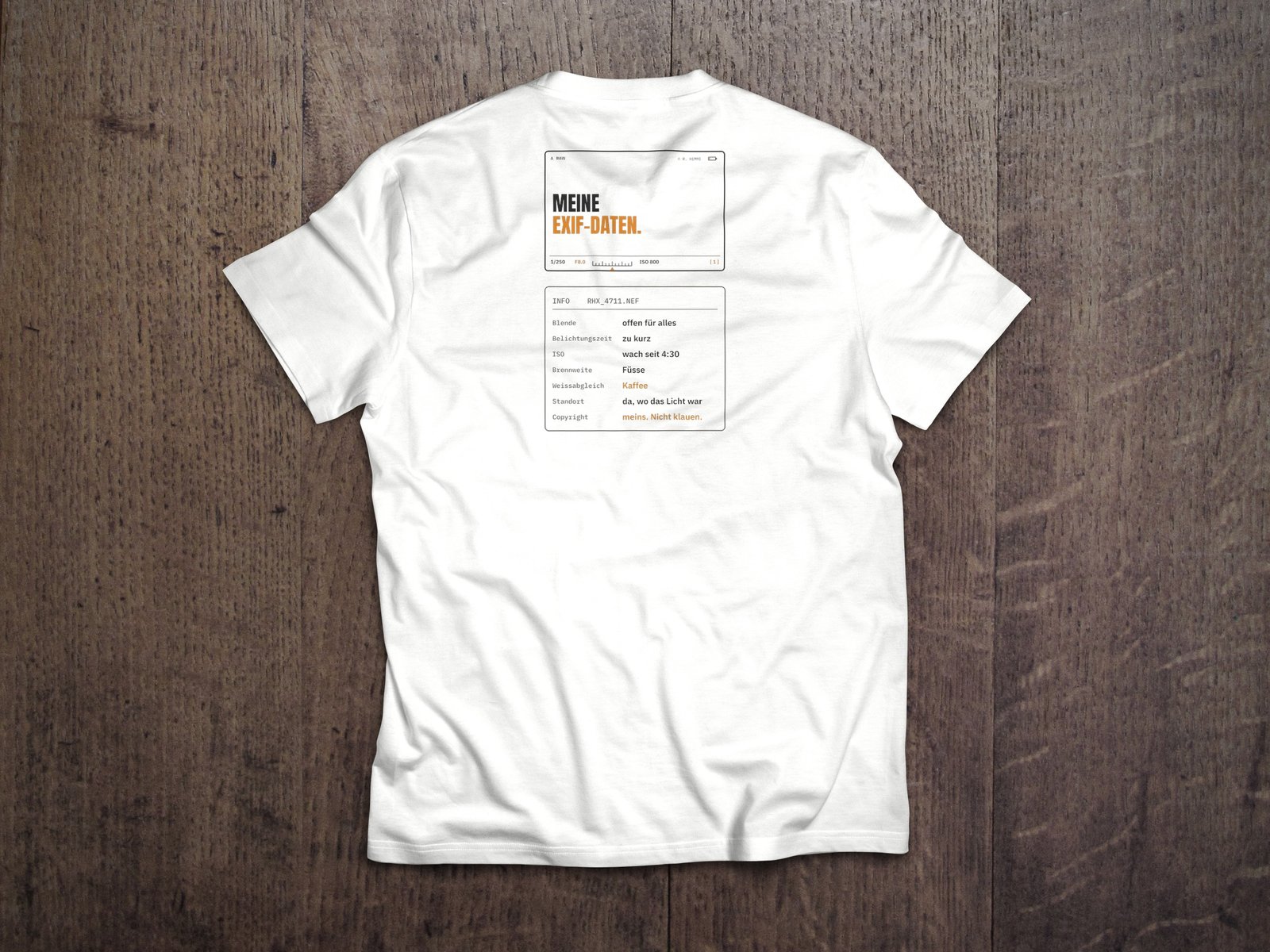Fotografen-T-Shirt «Meine EXIF-Daten» von hemmi.photo – Rückendruck auf White