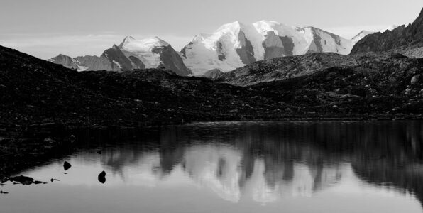 Ewiges Eis im Spiegelbild: Ein stiller Schweizer Bergsee vor dem majestätischen Piz Bernina Massiv. Die schneebedeckten Gipfel der Berninagruppe in den Schweizer Alpen spiegeln sich perfekt auf der Oberfläche eines ruhigen Bergsees in Schwarz-Weiss.