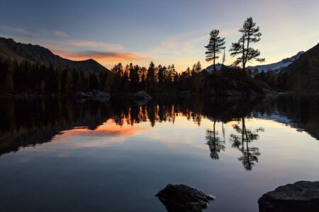 Magischer Tagesausklang: Die Silhouette markanter Nadelbäume spiegelt sich im glasklaren Wasser des Saoseo-Sees im Schweizer Kanton Graubünden. Eine idyllische Abendstimmung am Saoseo-See (Lagh da Saoseo) im Puschlav mit markanten Lärchen und Arven als Silhouette, die sich zusammen mit dem orange-blauen Abendhimmel im ruhigen Bergsee spiegeln.