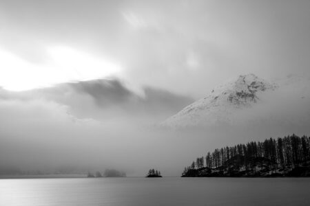 Ewige Stille: Dichter Nebel und verschneite Alpengipfel über der winterlichen Seenlandschaft im Engadin. Ein mystischer Schweizer Bergsee im Winter in Schwarz-Weiss mit dichtem Nebel, der eine kleine bewaldete Insel und verschneite Berggipfel teilweise verhüllt.